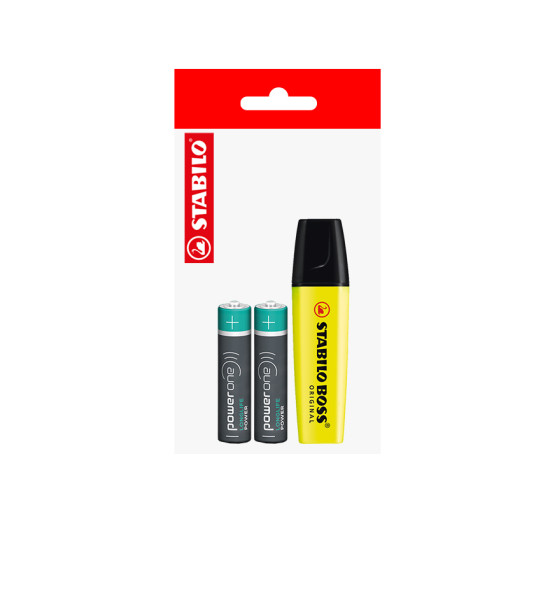 Pack: 1x Resaltador STABILO Boss + 2x Pilas AAA POWER ONE, Pack x 3 Unds.